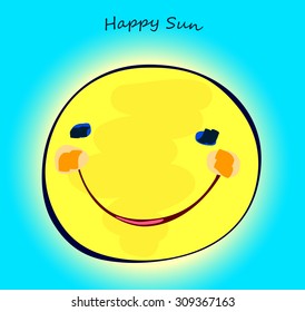 happy sun on light blue sky, childlike painting