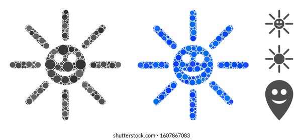Happy sun rays composition of spheric dots in variable sizes and color tints, based on happy sun rays icon. Vector dots are united into blue composition.