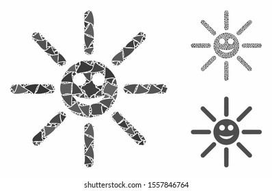 Happy sun rays mosaic of raggy pieces in various sizes and color tones, based on happy sun rays icon. Vector tremulant pieces are composed into mosaic.