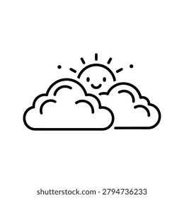 Happy sun rising behind fluffy clouds icon with forecast meteorology graphics