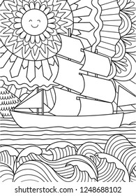Happy Sun, seawave and ship for background and coloring book,coloring page for anti stress. Vector illustration