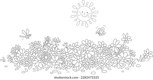 Happy sun shining over garden flowers on a pretty flowerbed with a fluttering butterfly and a dragonfly on a warm summer day, black and white outline vector cartoon illustration for a coloring book