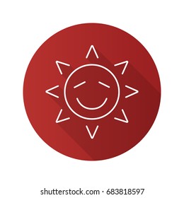 Happy sun smile flat linear long shadow icon. Smiley sun face with closed eyes. Vector outline symbol