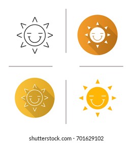 Happy sun smile icon. Flat design, linear and glyph color styles. Smiley with closed eyes. Good mood. Isolated vector illustrations