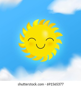 Happy Sun smile isolated on realistic sky background. Cartoon style. Warm smile. Bright sunny icon. Cheerful symbol. 