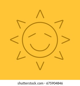 Happy sun smile linear icon. Thin line outline symbols on color background. Smiley sun face with closed eyes. Emoticon vector illustration