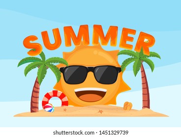 Happy sun smiling on the tropical beach summer. Design of summer vacation holiday background.