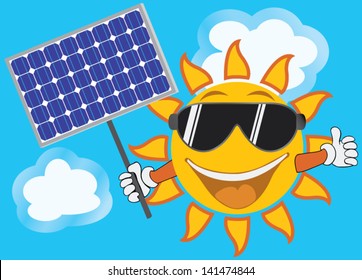 Happy sun with solar panel and sky background.Solar energy concept.Vector lllustration
