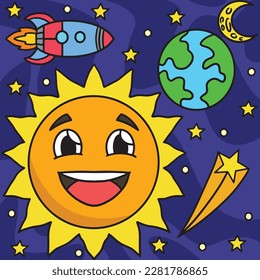 Happy Sun In Space Colored Cartoon Illustration