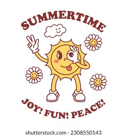 Happy sun, summertime, mascot. Funny retro character, gloved hand gestures. Vintage lettering 70s.