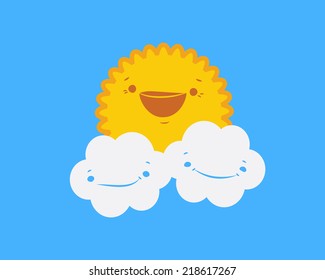 Happy sun with two smiling clouds.