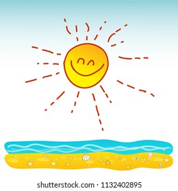 Happy sun vector, Hand drawn watercolor illustration of cute smiling sun on the beach