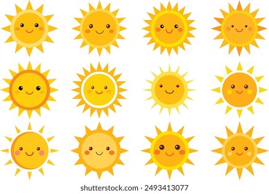 Ilustración vectorial solar feliz sobre fondo blanco Paquete-16. Lindos soles. Emoji del sol, caras sonrientes lindas. Emoticones de luz solar de verano y Clima soleado de la mañana. Iconos aislados del vector de las caritas divertidas. 