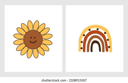 happy sunflower cartoon and hand drawn rainbow on white backgrounds vector illustration. Childish wall art decoration.