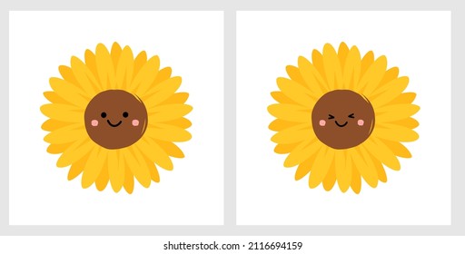 Happy sunflower cartoons on white backgrounds. Cute nursery wall decoration.