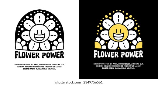 Feliz girasol con tipografía de poder floral, ilustración para logo, camiseta, pegatina o mercadería de ropa. Con doodle, retro, groovy y estilo de dibujos animados.