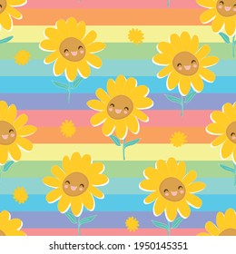 Happy Sunflower and rainbow Hand sketched seamless pattern cute flowers vector illustration print design for textiles, clothing and fabric