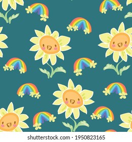 Happy Sunflower and rainbow seamless pattern cute flowers vector illustration print design for textiles, clothing and fabric