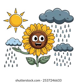Happy Sunflower with Sun and Rain Clouds – Whimsical Vector Design
Bright Sunflower in Mixed Weather – Cartoon Style Vector Image
Sunflower with Sun, Clouds, and Rain – Adorable Cartoon Illustration