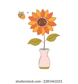 Happy sunflower in vase and little bee in love. Small cute bumblebee collects pollen. Colorful vector isolated illustration hand drawn doodle. Summer season