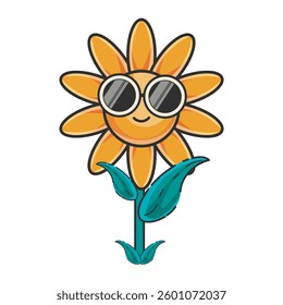 Happy Sunflower Wearing Sunglasses with a Smiling Face, Cartoon Style
