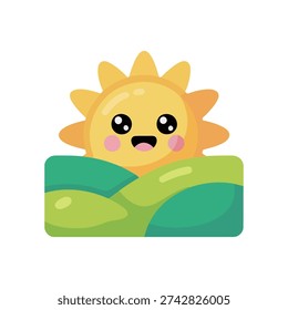 Happy sunrise character over rolling hills, cute sun face vector illustration for kids room, morning poster, greeting card, summer design
