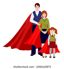 Happy super family in red cloak:  superhero father, mother, children daughter.