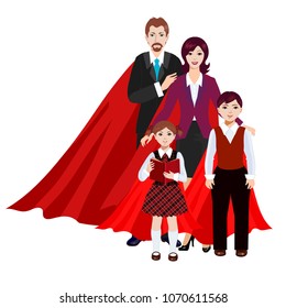Happy super family in red cloak: superhero father, mother, children daughter and son.