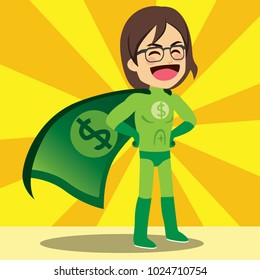 Happy super money hero with green uniform and dollar cape