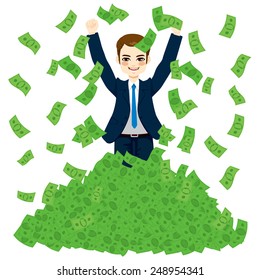 Happy super rich successful businessman raising from huge green money bills pile