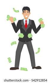 Happy super rich successful businessman raises his hands under money rain. businessman holds money in hands, received the coveted profits