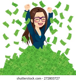 Happy Super Rich Successful Businesswoman Raising From Huge Pile Of Green Money Bank Notes