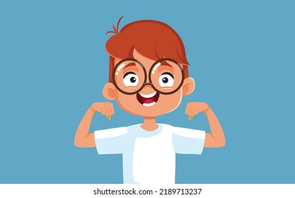 
Happy Super Strong Little Boy Vector Cartoon Character. Successful child having strength, will, and vitality due to self confidence 
