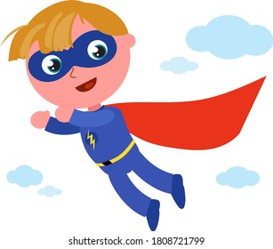 Happy superhero boy in blue costume with lightning bolt flying in the sky, cartoon vector illustration