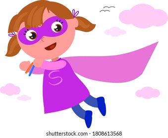 Happy superhero girl in violet costume flying in the sky, cartoon vector illustration