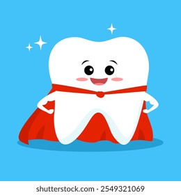 Personagem engraçado de dente saudável super-herói feliz na ilustração vetor de design plano.