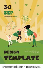 Happy superhero kids team flat vector illustration. Cartoon characters in comic hero super costumes with cloak cape flying and standing. Carnival and game for children concept