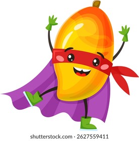 Happy superhero mango fruit character wearing red mask and purple cape flying and smiling, funny healthy food personage, kids menu element vector Illustration isolated on a white background