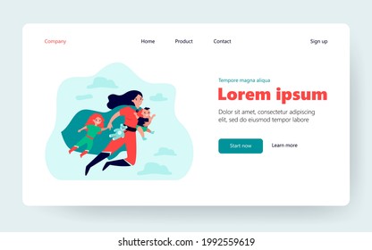 Happy superhero mother flying and carrying children flat vector illustration. Cartoon busy super mom shopping or having fun with baby and elder girl. Family and motherhood concept