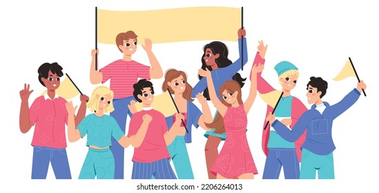 Happy support group young people. Teens team portrait, positive youth together. Fan club or demonstration students with flags and banner, snugly vector friends