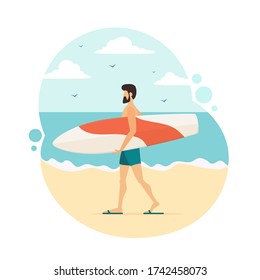 Happy surfer in blue swimwear with a white and red surfboard goes to the beach. Man with a surfboard on sea background. Illustration in flat cartoon style can be used for summer design, poster, banner