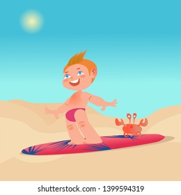 Happy surfer boy with surfboard and crab train on the beach. Vector cartoon character illustration. Family summer holiday, trip.