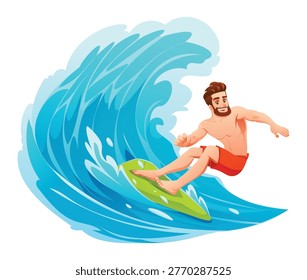 Happy surfer catching big blue barrel wave in the ocean. Vector cartoon illustration
