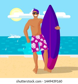 Happy surfer in the pink shorts holding a surfboard on the beach. Cartoon style illustration. Beach holidays, swimming accessories. 