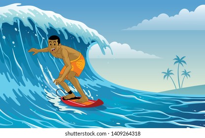 happy surfer playing surf on waves