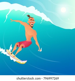 Happy Surfer ride on Blue Ocean Wave. Character cartoon design.