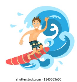 Happy surfer riding the big wave. Vector illustration of a surfer in a flat style.