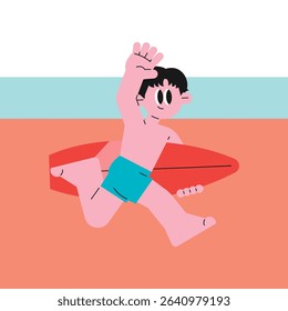 Happy surfer running on the beach with his red surfboard on a sunny day