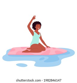 Happy surfer woman in bikini surfing on summer beach, floating on surfboard in waves