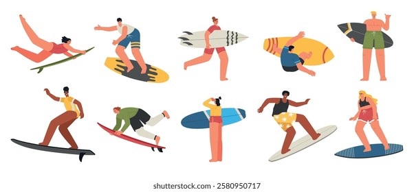 Happy surfers. Athletes with boards catch wave, summer vacation at sea, water extreme sports, people on beach, swimming in ocean, vector set